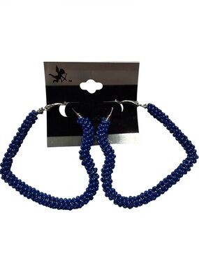 Blue Metal Bead Chained Heart Dangle Earrings